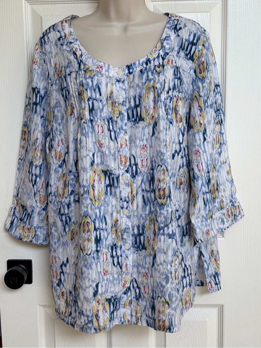 JM Collection Multicolor Abstract Button Front Roll Tab Sleeve Blouse Size 18W